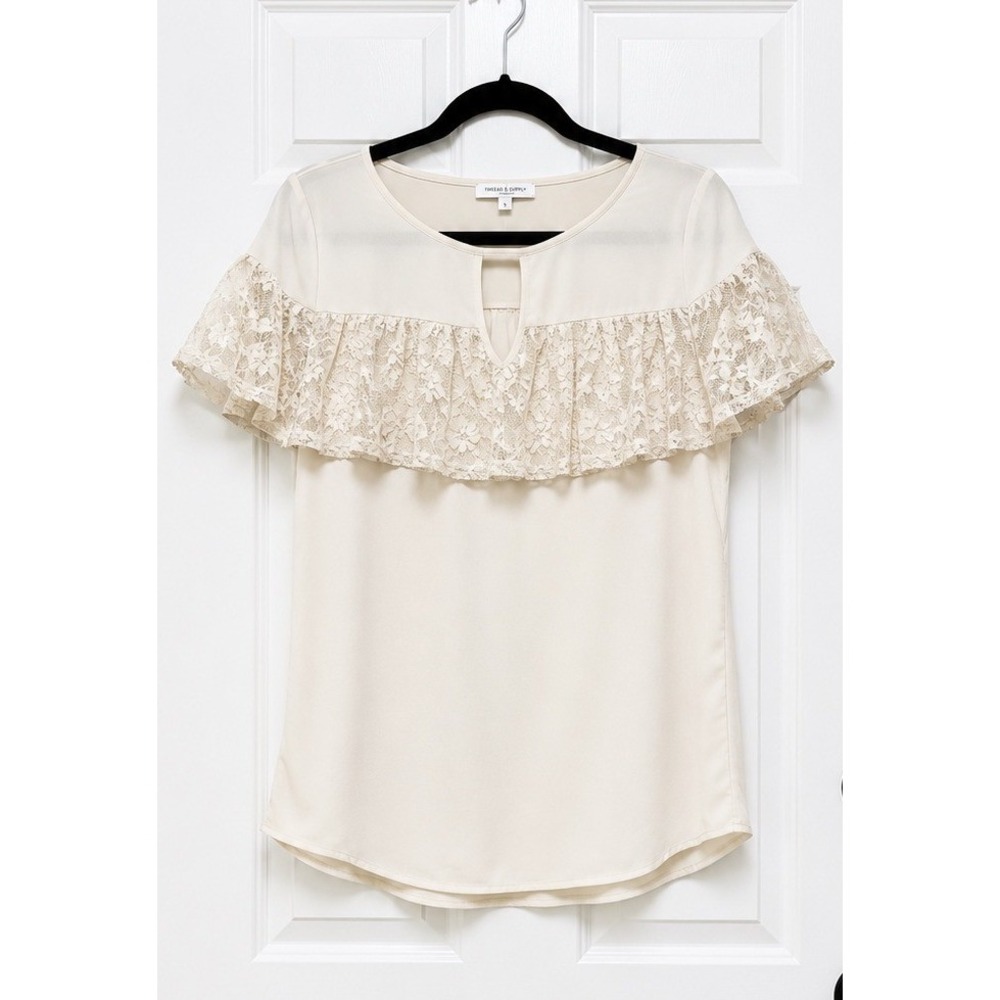 MINE Cream Lace Ruffle Keyhole Neck Blouse Top TB2163 Small